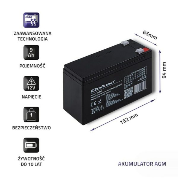 Battery for Uninterruptible Power Supply System UPS Qoltec 53031 9 Ah 12 V - Image 4